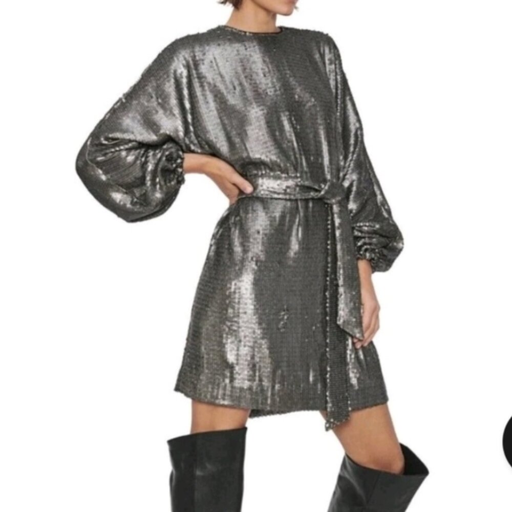 Anine Bing Angie Antique Silver Sequin Mini Dress Women's Cocktail Size XS